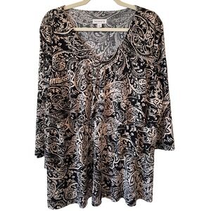 Susan Graver Womens Size L Liquid Knit Paisley Tiered Tunic Blouse Black Tan